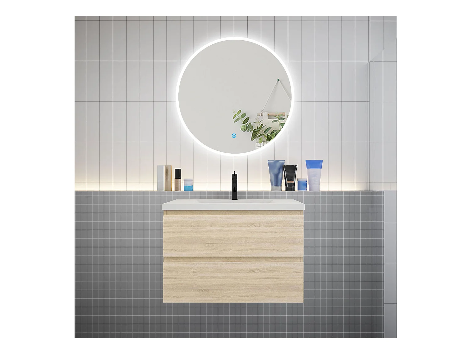 AICA Ensemble meuble de salle de bain Vasque L.79cm 2 tiroirs + lavabo + LED Miroir Rond 80cm, Chêne