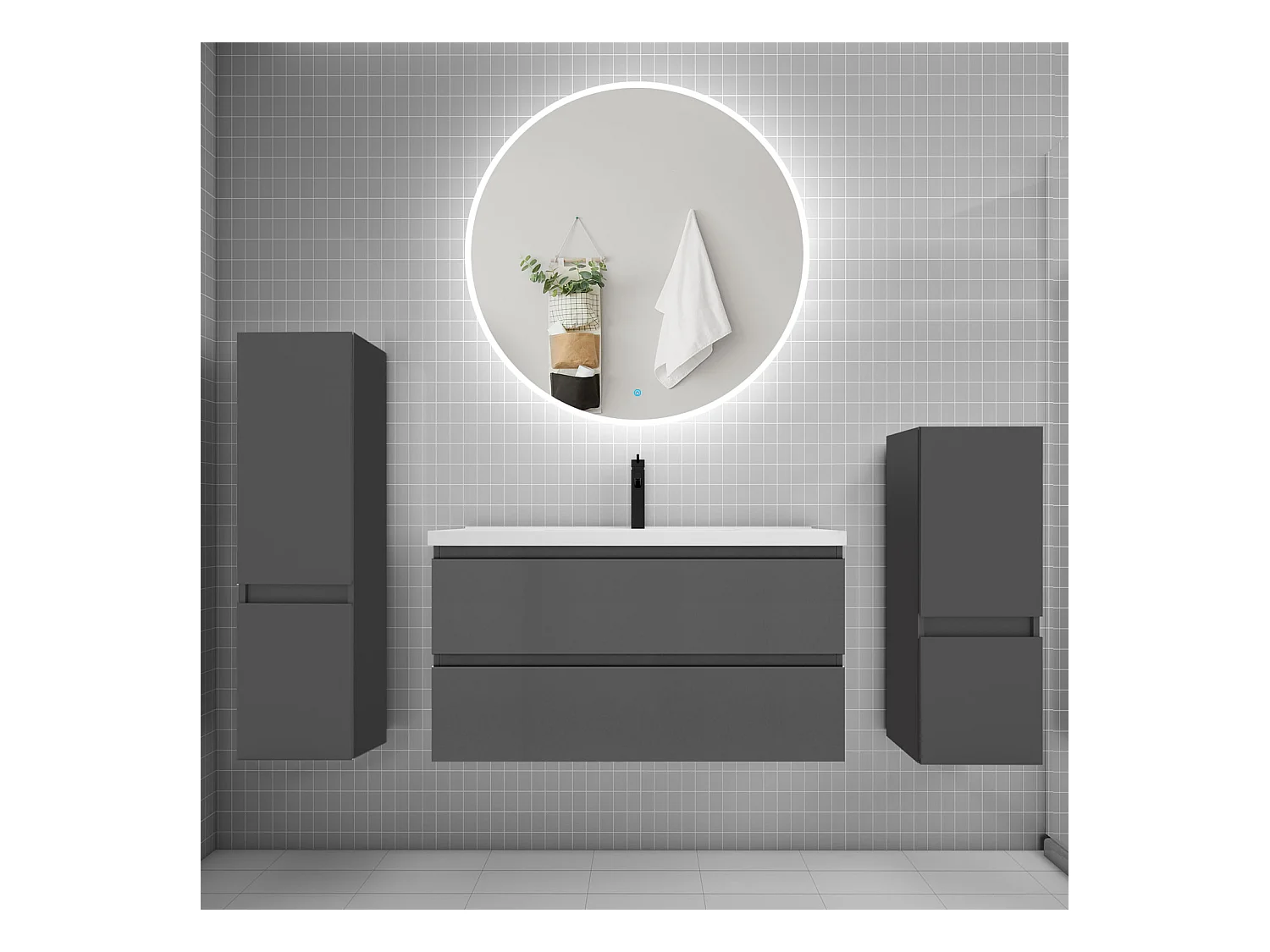 AICA Ensemble meuble de salle de bain Vasque L.99cm 2 tiroirs + lavabo + LED Miroir Rond 100cm + 2*Colonne, Anthracite