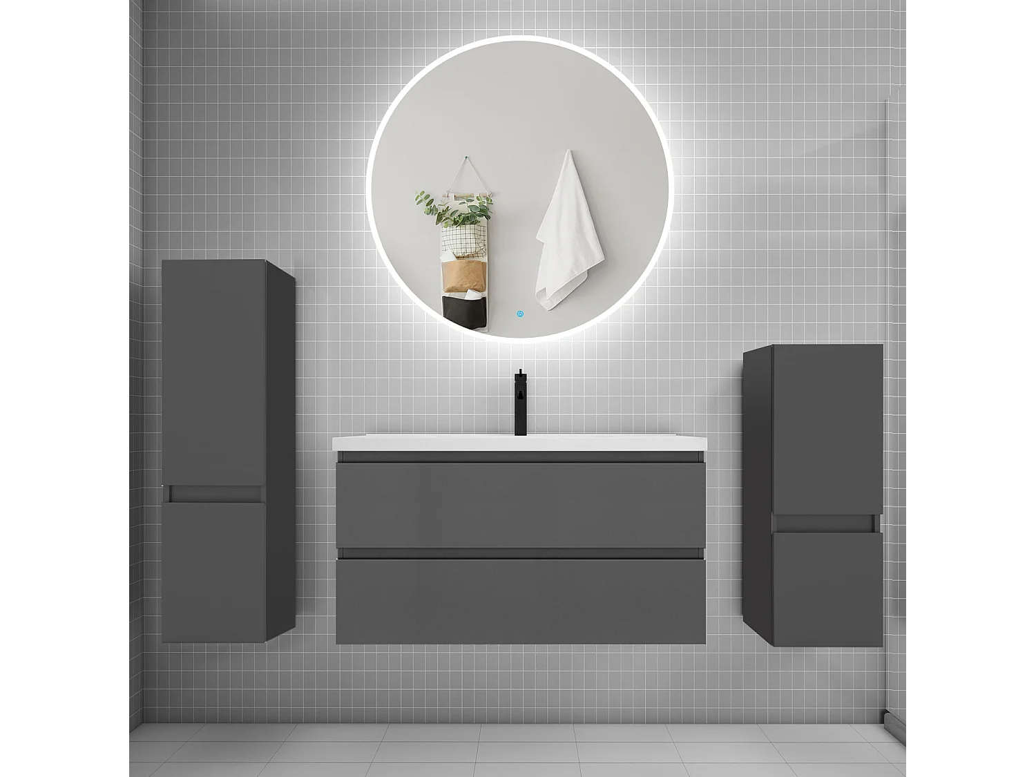Ensemble meuble vasque L.99cm 2 tiroirs + lavabo + LED miroir rond 100cm + 2*colonne,anthracite