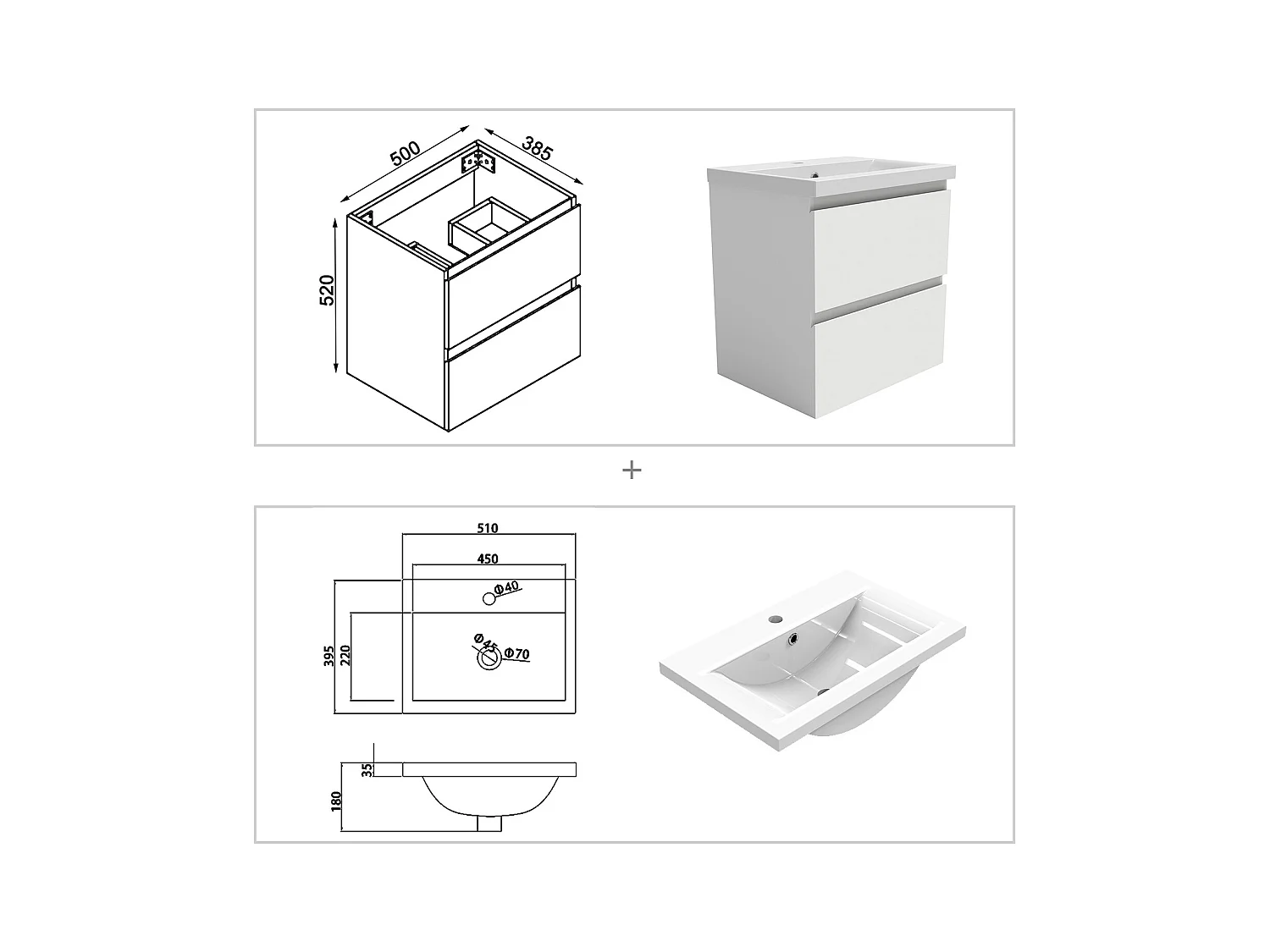 AICA Ensemble meuble de salle de bain Vasque L.50cm 2 tiroirs + lavabo + LED Miroir 60cm + 2*Colonne,Blanc
