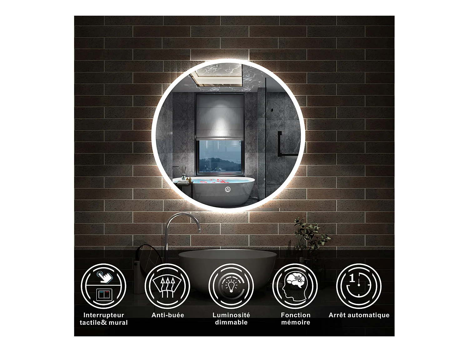 AICA Ensemble meuble de salle de bain Vasque L.50cm 2 tiroirs + lavabo + LED Miroir 60cm + 2*Colonne,Blanc