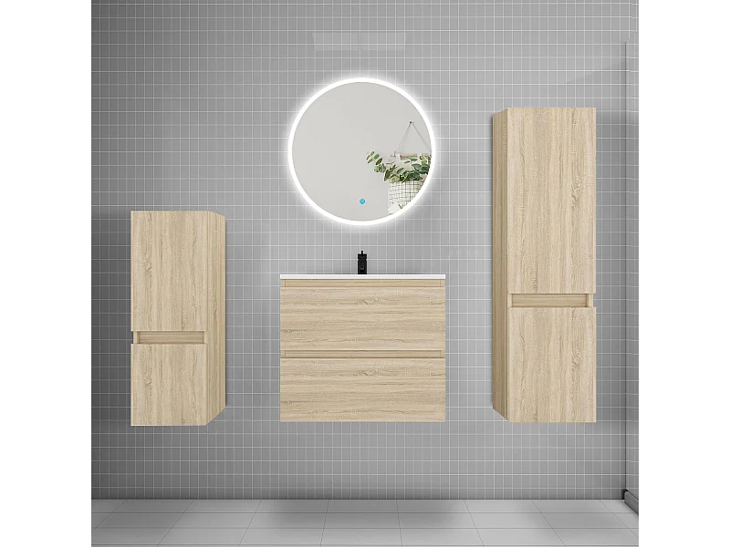 Ensemble meuble vasque L.60cm 2 tiroirs + lavabo + LED miroir rond 60cm + 2*colonne,chêne