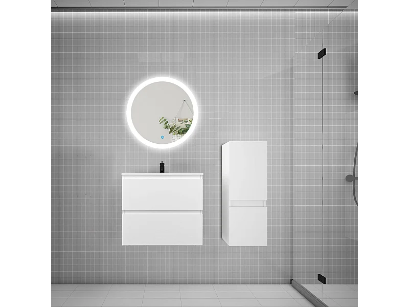 AICA Ensemble meuble de salle de bain Vasque 60cm avec 2 tiroirs + lavabo + LED Miroir Rond 60cm + Colonne,Blanc