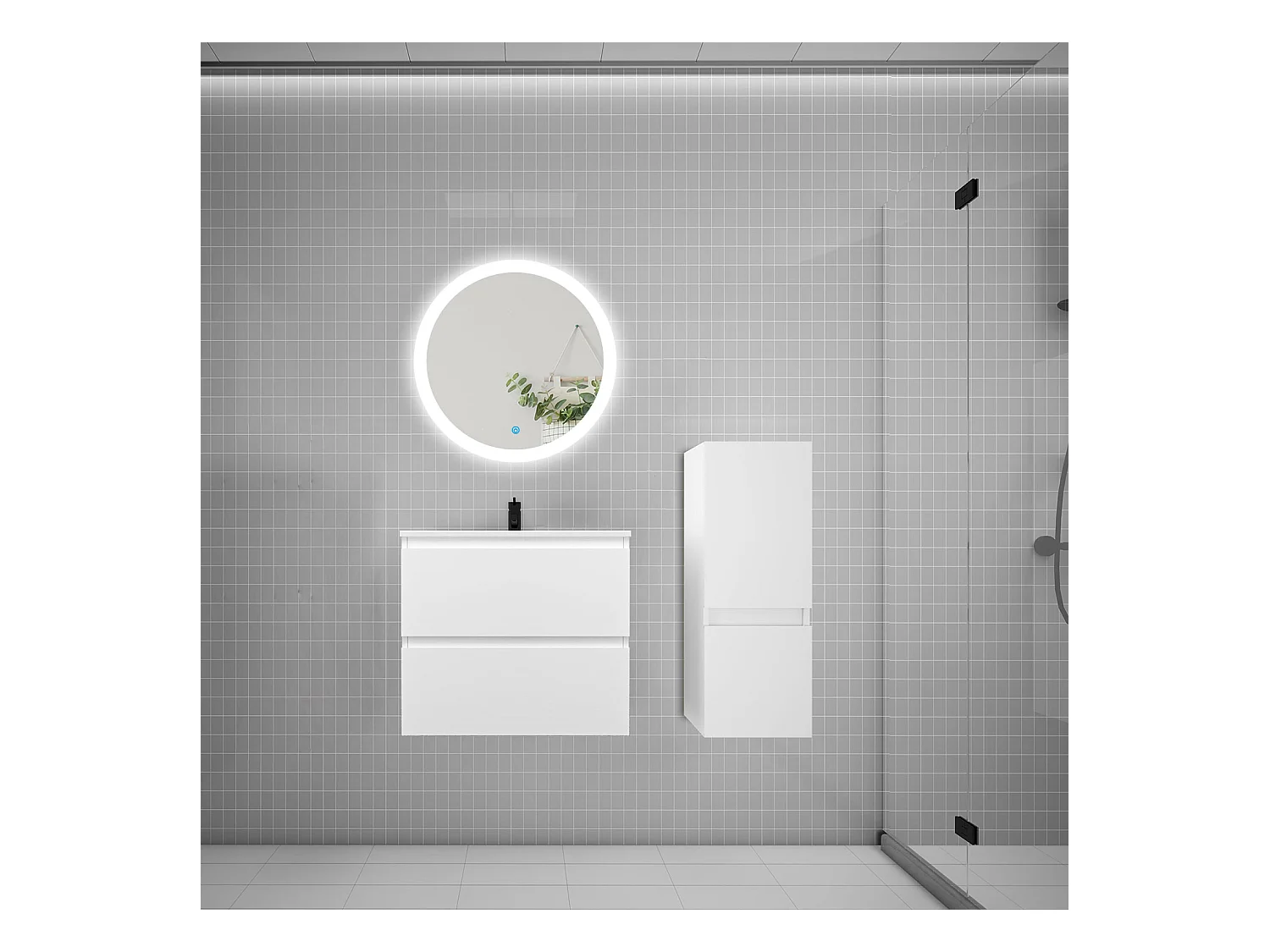 AICA Ensemble meuble de salle de bain Vasque 60cm avec 2 tiroirs + lavabo + LED Miroir Rond 60cm + Colonne,Blanc