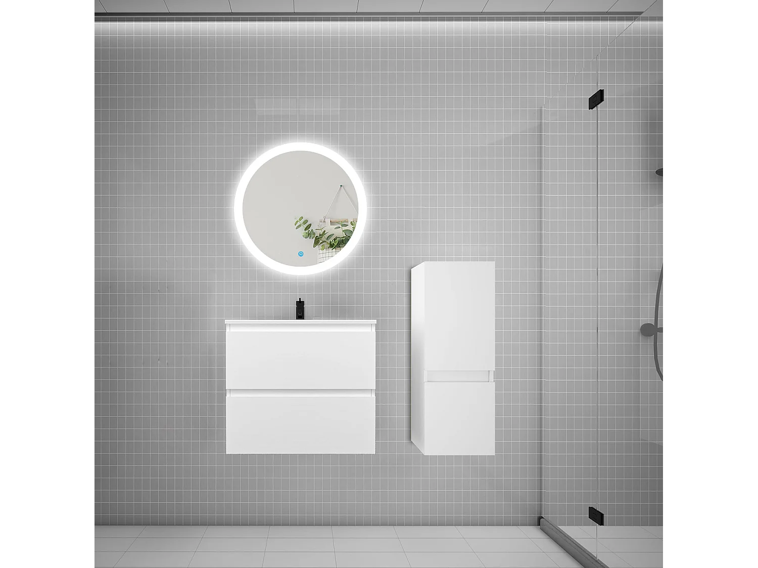 Ensemble meuble vasque L.60cm 2 tiroirs + lavabo + LED miroir rond 60cm + colonne,blanc A