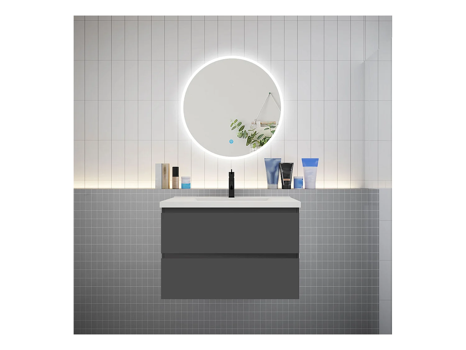 AICA Ensemble meuble de salle de bain Vasque L.79cm 2 tiroirs + lavabo + LED Miroir Rond 70cm, Anthracite