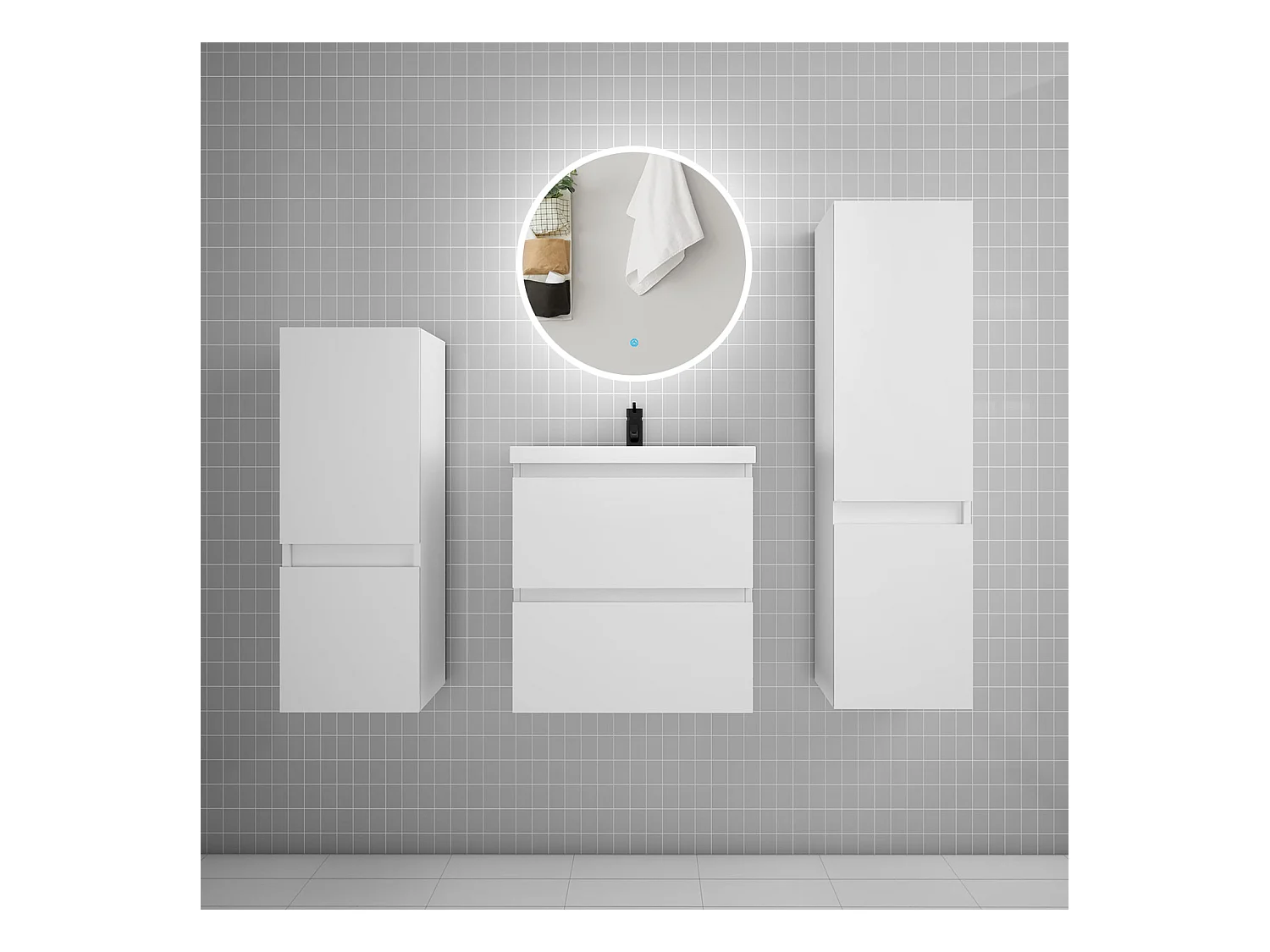 AICA Ensemble meuble de salle de bain Vasque 50cm avec 2 tiroirs + lavabo + LED Miroir Rond 60cm + 2*Colonne,Blanc