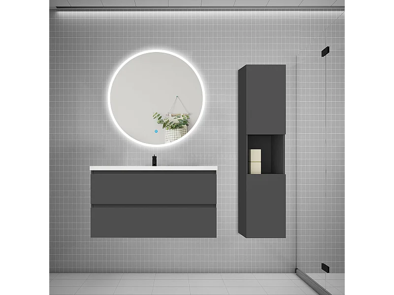AICA Ensemble meuble de salle de bain Vasque L.99cm 2 tiroirs + lavabo + LED Miroir Rond 90cm + Colonne, Anthracite