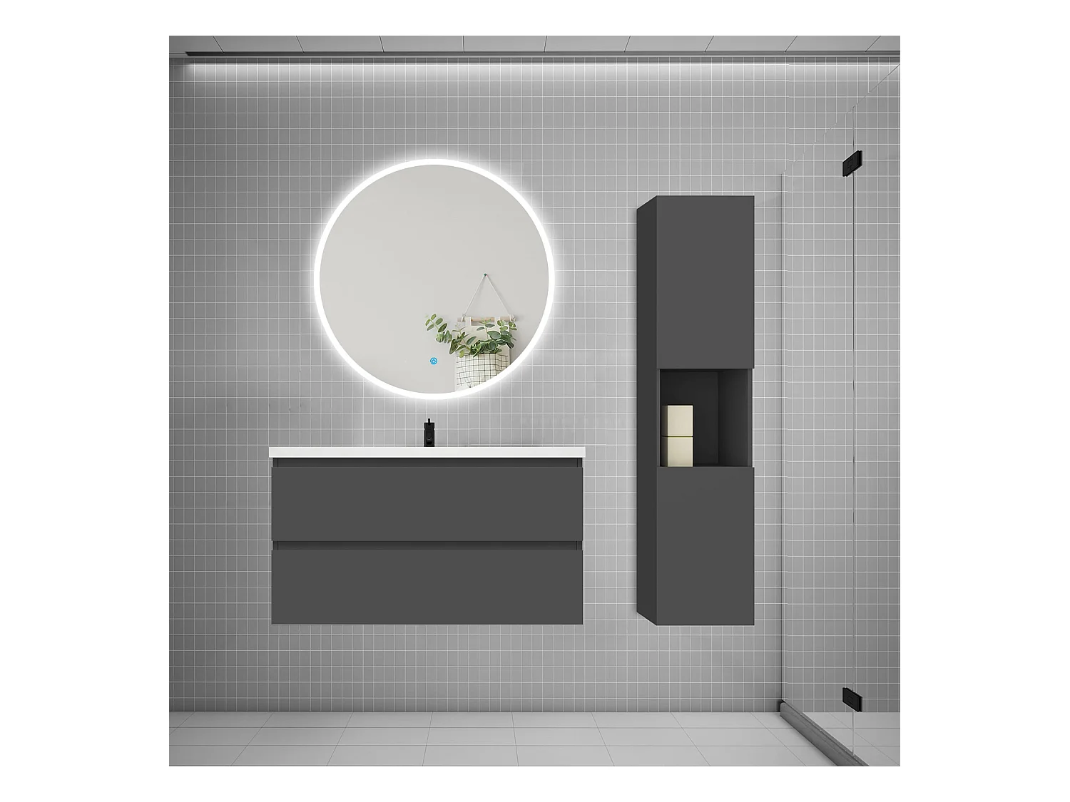 AICA Ensemble meuble de salle de bain Vasque L.99cm 2 tiroirs + lavabo + LED Miroir Rond 90cm + Colonne, Anthracite