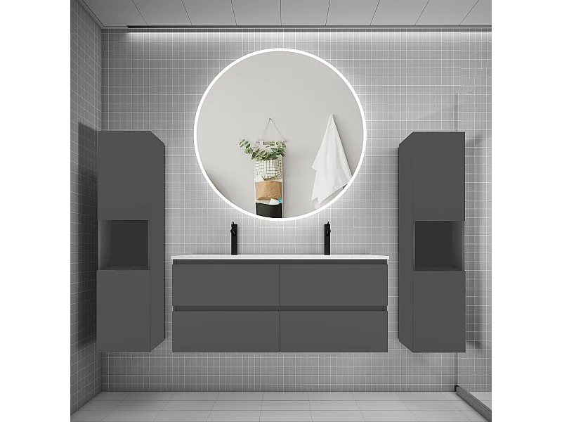 Ensemble meuble double vasque L.120cm 4 tiroirs + lavabo + LED miroir rond 120cm + 2*colonne,anthracite A
