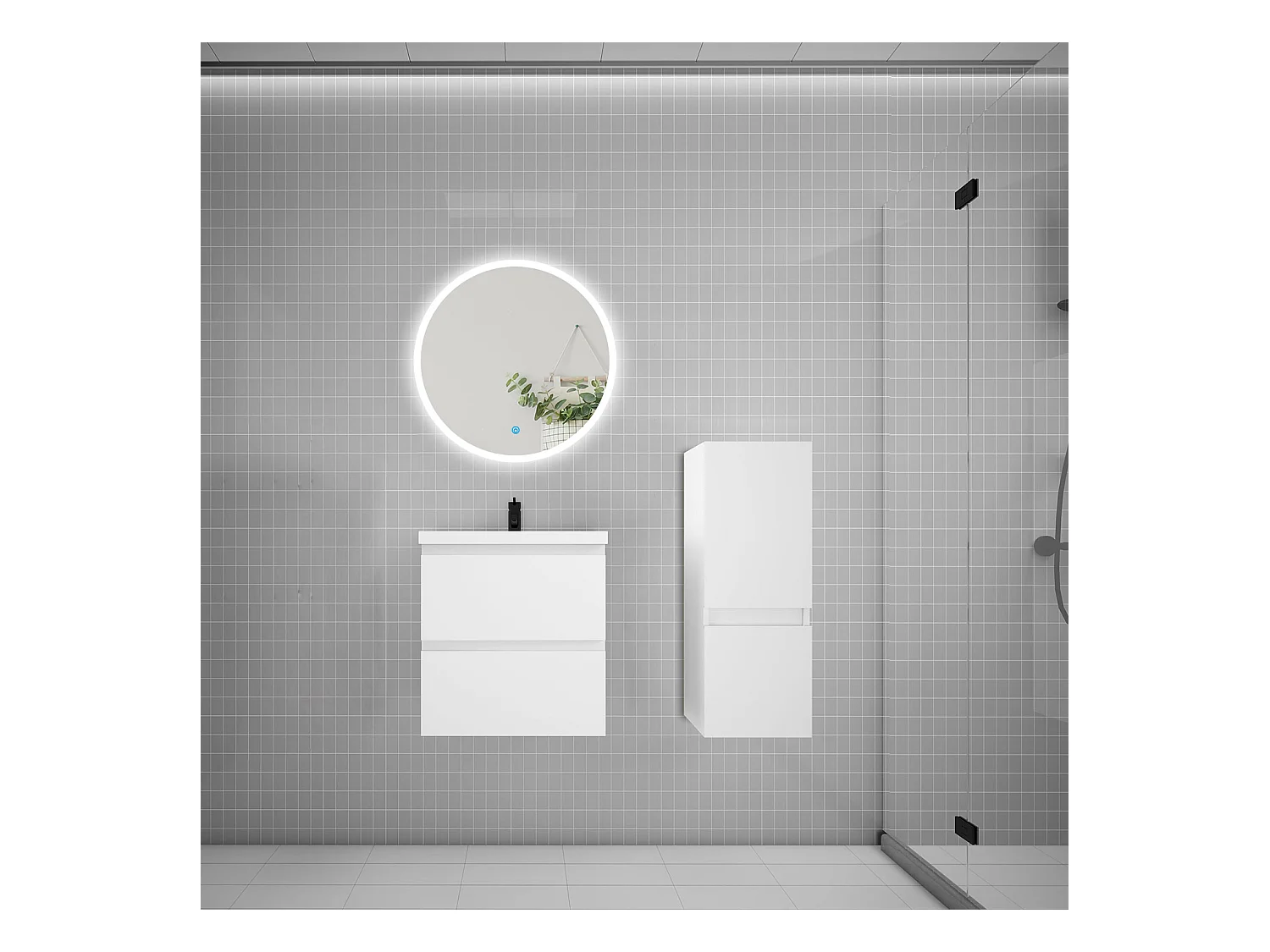 AICA Ensemble meuble de salle de bain Vasque L.50cm 2 tiroirs + lavabo + LED Miroir Rond 60cm + Colonne,Chêne