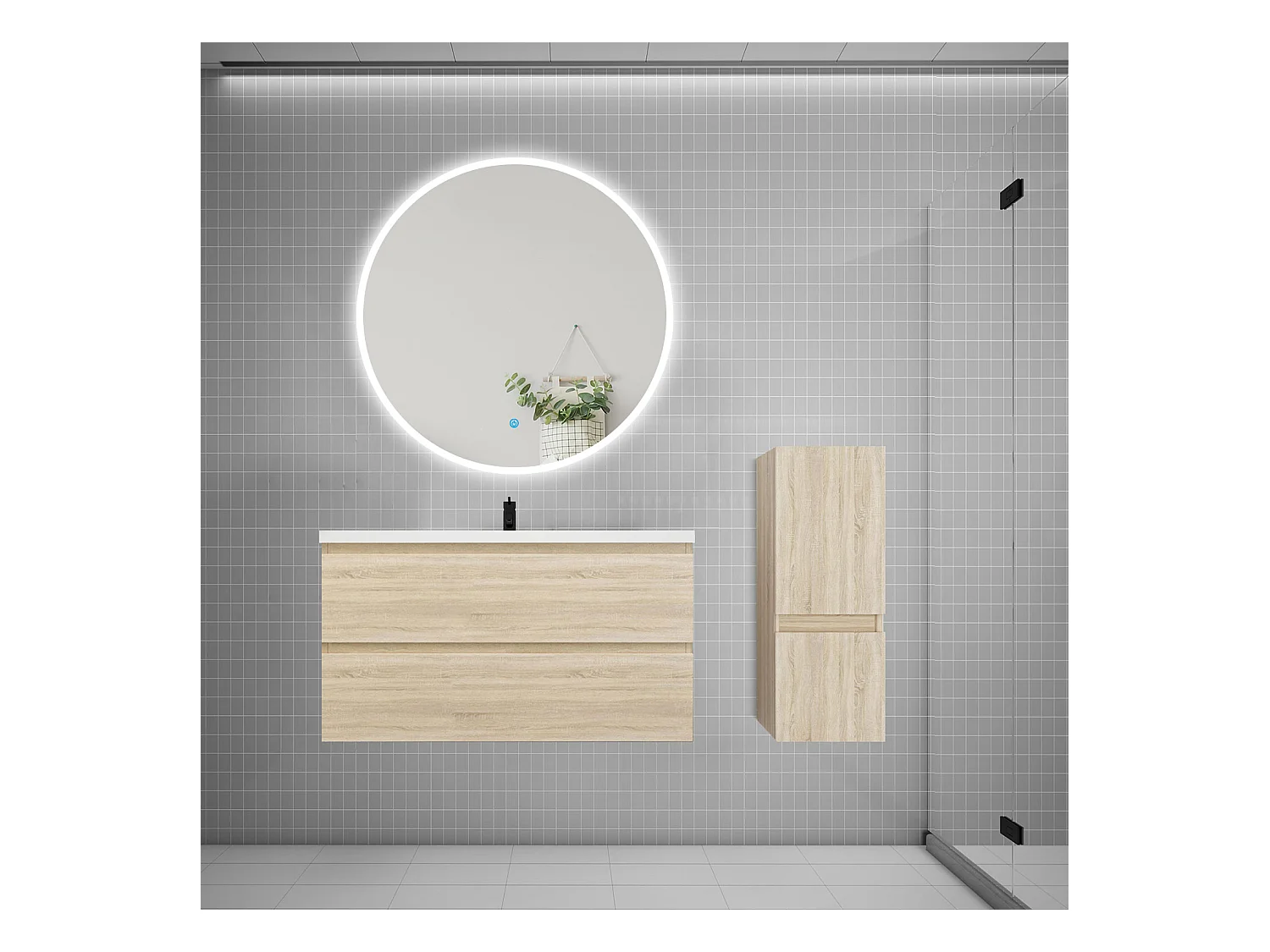 AICA Ensemble meuble de salle de bain Vasque L.99cm 2 tiroirs + lavabo + LED Miroir Rond 100cm + Colonne, Chêne