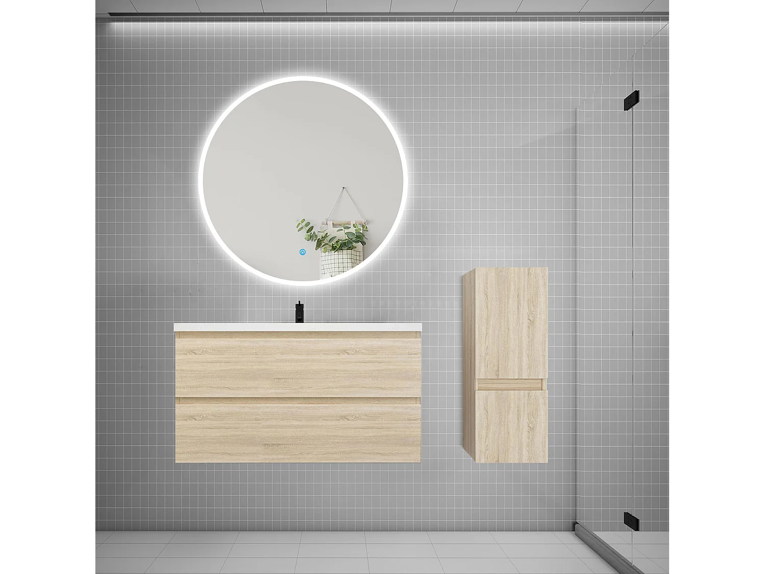 Ensemble meuble vasque L.99cm 2 tiroirs + lavabo + LED miroir rond 100cm + colonne,chêne