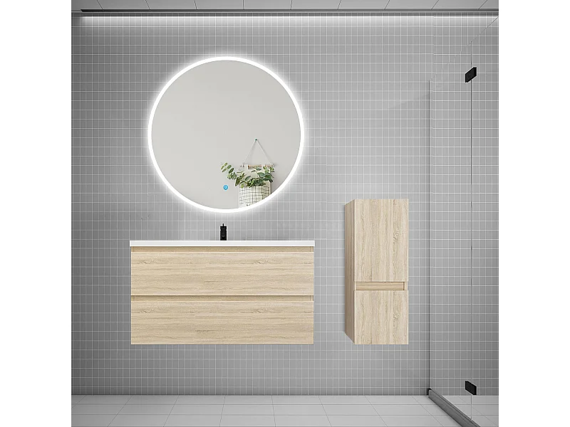 Ensemble meuble vasque L.99cm 2 tiroirs + lavabo + LED miroir rond 100cm + colonne,chêne