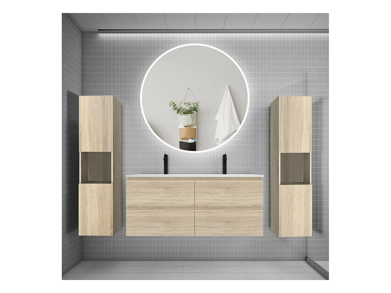 AICA Ensemble meuble de salle de bain double Vasque L.120cm 4 tiroirs + lavabo + LED Miroir Rond 120cm + 2*Colonne, Chêne