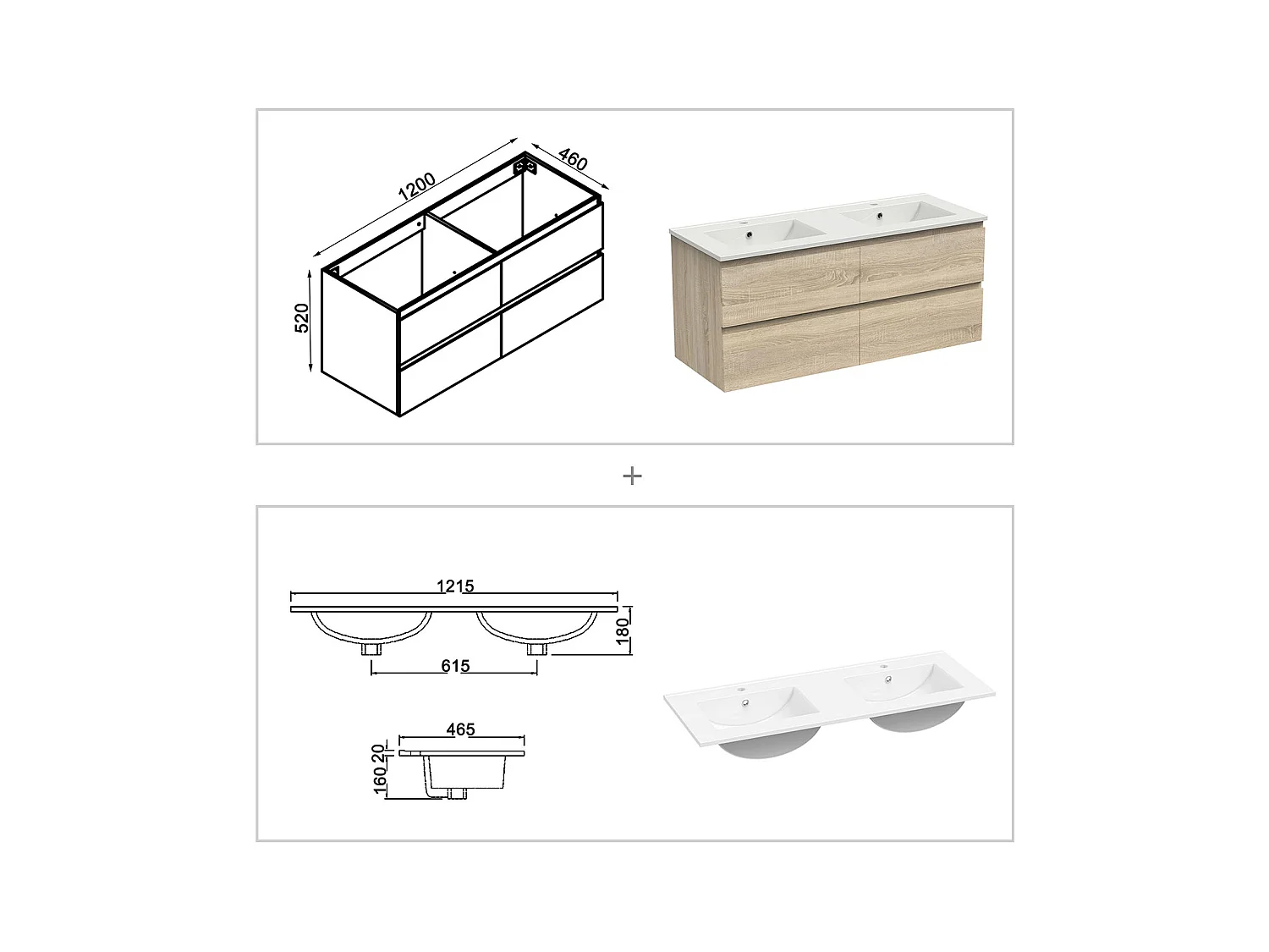 AICA Ensemble meuble de salle de bain double Vasque L.120cm 4 tiroirs + lavabo + LED Miroir Rond 120cm + 2*Colonne, Chêne