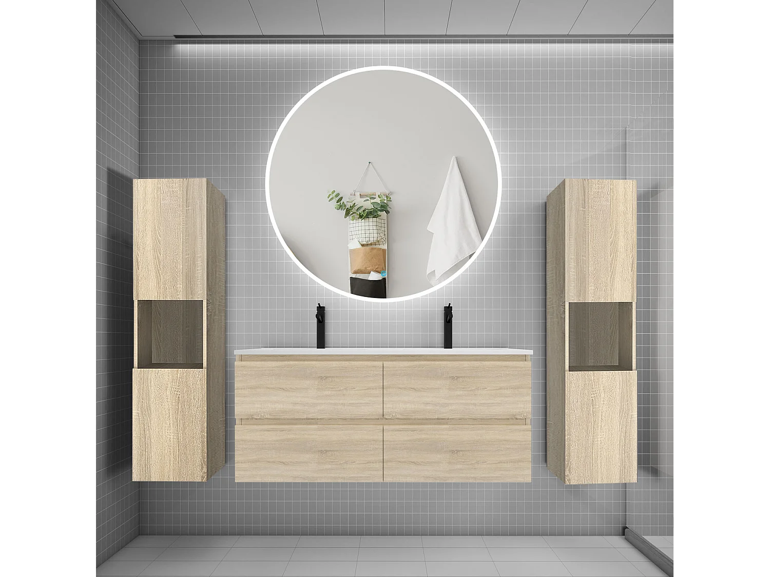 Ensemble meuble double vasque L.120cm 4 tiroirs + lavabo + LED miroir rond 120cm + 2*colonne,chêne A