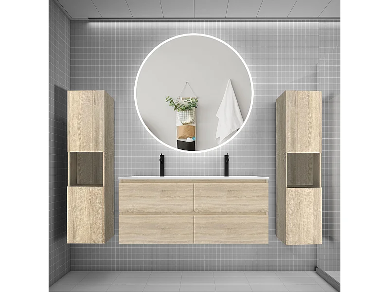 Ensemble meuble double vasque L.120cm 4 tiroirs + lavabo + LED miroir rond 120cm + 2*colonne,chêne A