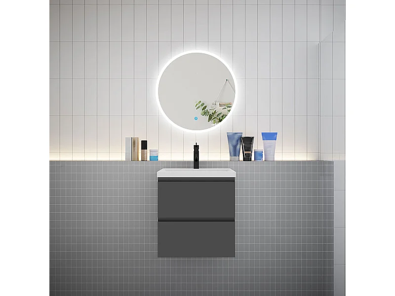 AICA Ensemble meuble de salle de bain Vasque L.50cm 2 tiroirs + lavabo + LED Miroir Rond 60cm, Blanc