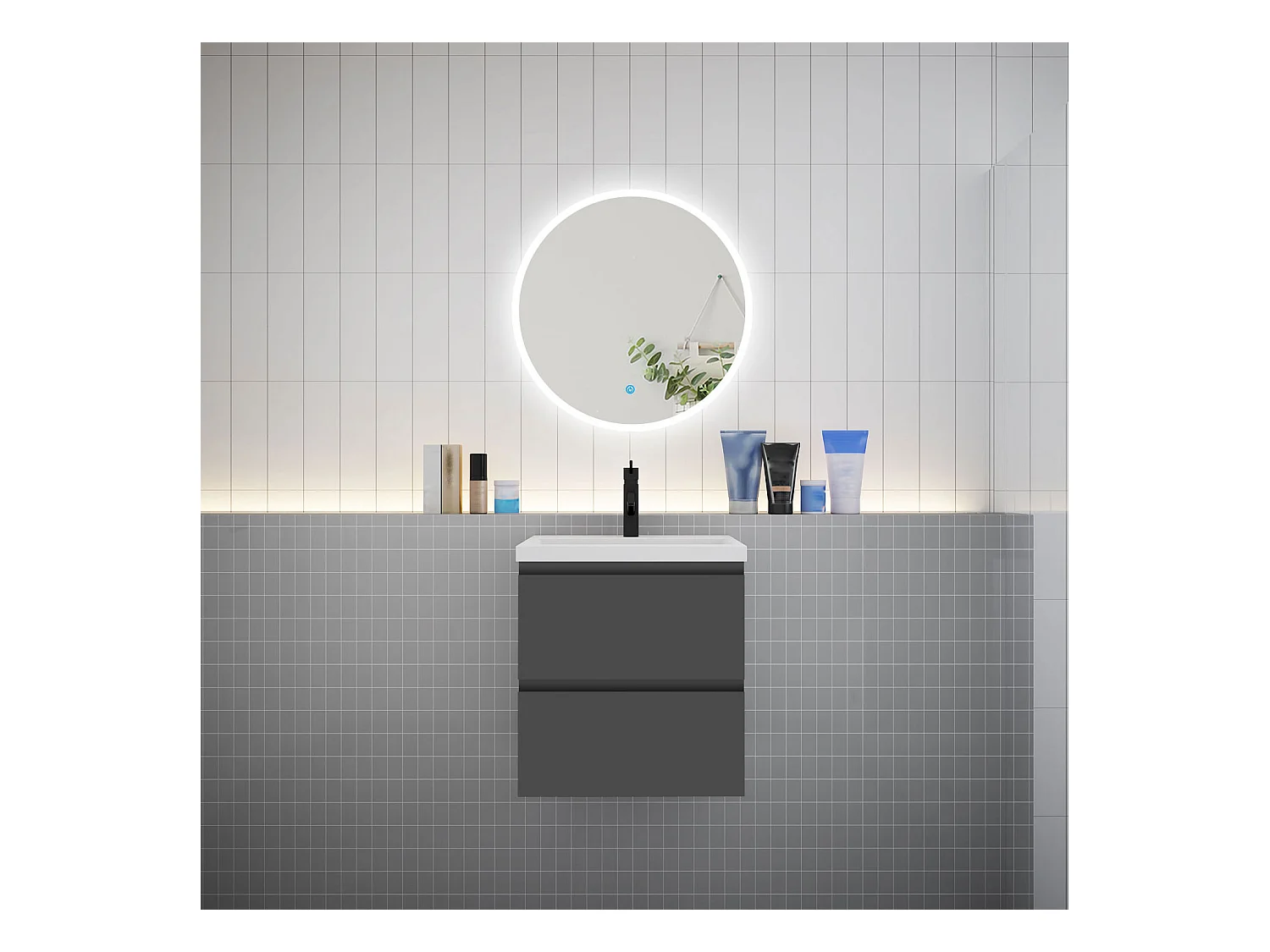 AICA Ensemble meuble de salle de bain Vasque L.50cm 2 tiroirs + lavabo + LED Miroir Rond 60cm, Blanc