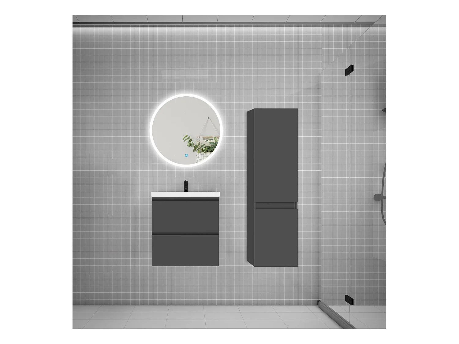 AICA Ensemble meuble de salle de bain Vasque 50cm avec 2 tiroirs + lavabo + LED Miroir Rond 60cm + Colonne, Anthracite