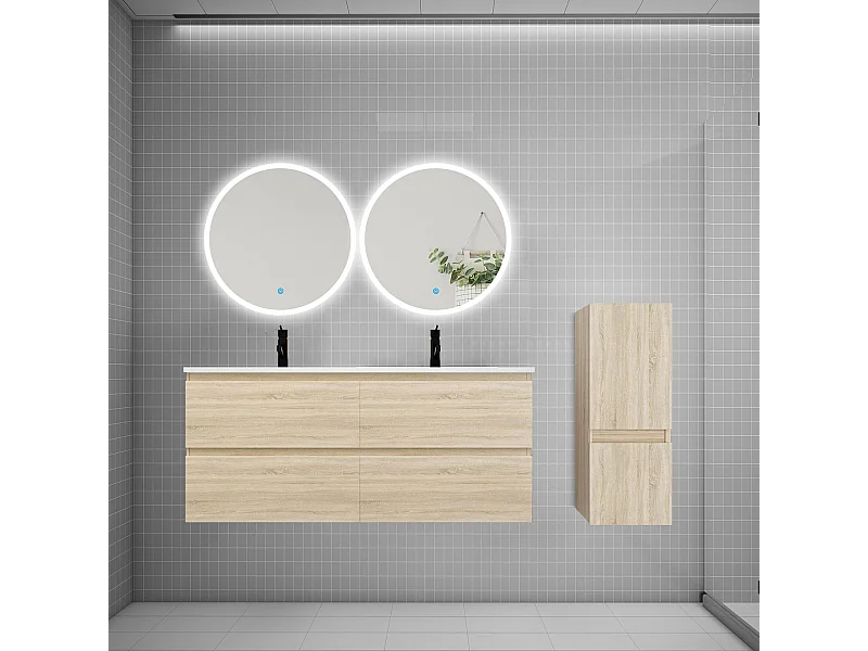 AICA Ensemble meuble de salle de bain double Vasque L.120cm 4 tiroirs + lavabo + 2*LED Miroirs Rond 60cm + Colonne, Chêne