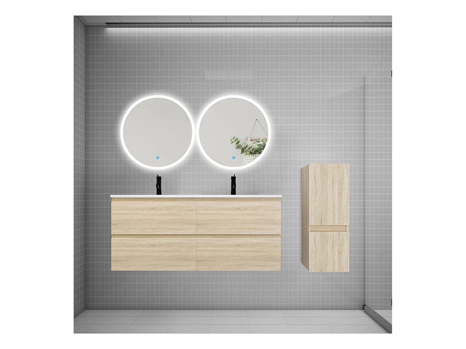 AICA Ensemble meuble de salle de bain double Vasque L.120cm 4 tiroirs + lavabo + 2*LED Miroirs Rond 60cm + Colonne, Chêne