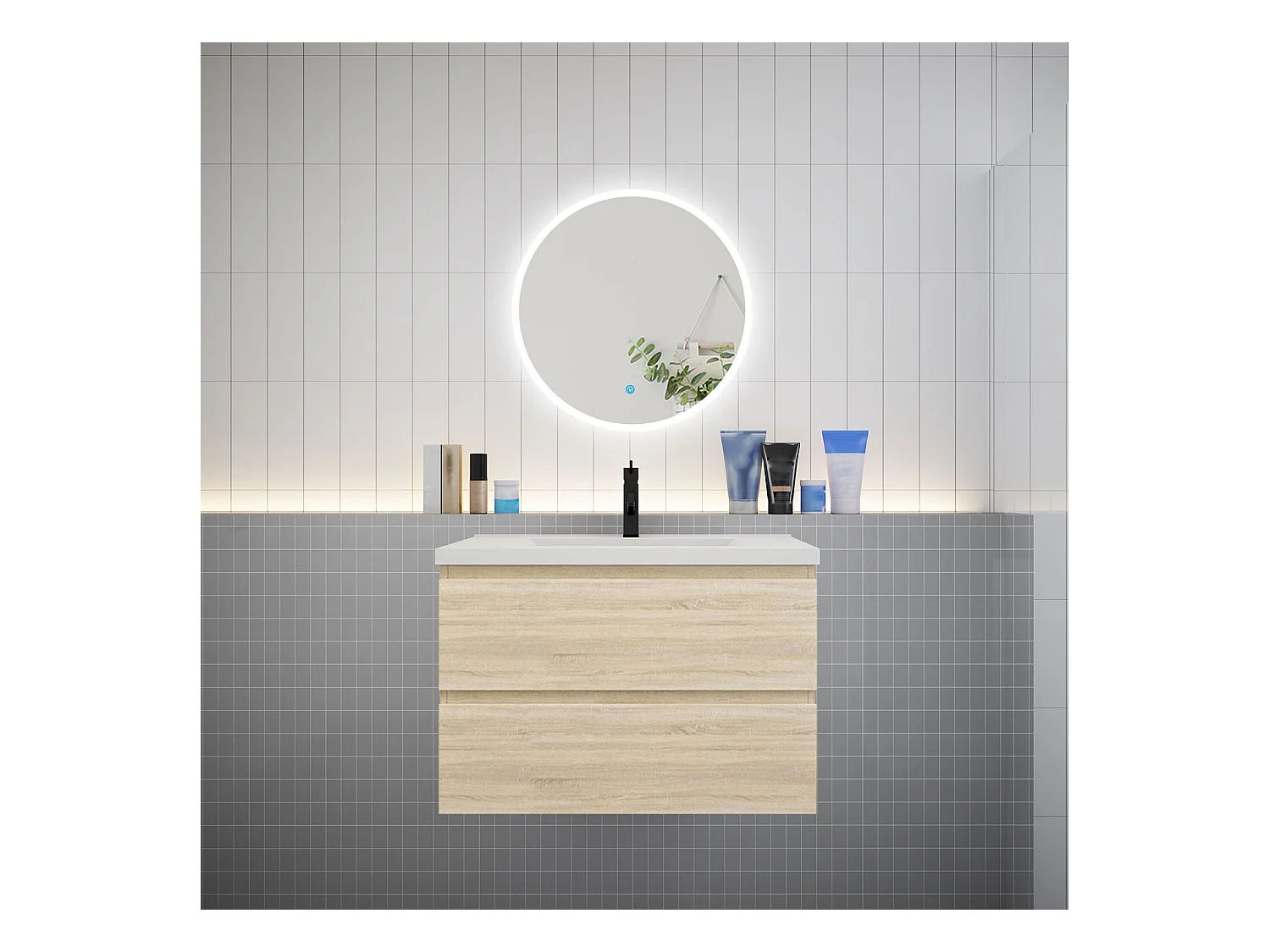 AICA Ensemble meuble de salle de bain Vasque L.79cm 2 tiroirs + lavabo + LED Miroir Rond 60cm, Chêne