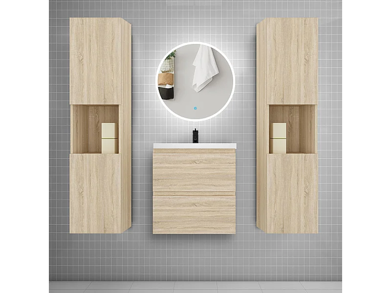 AICA Ensemble meuble de salle de bain Vasque L.50cm 2 tiroirs + lavabo + LED Miroir Rond 60cm + 2*Colonne, Anthracite