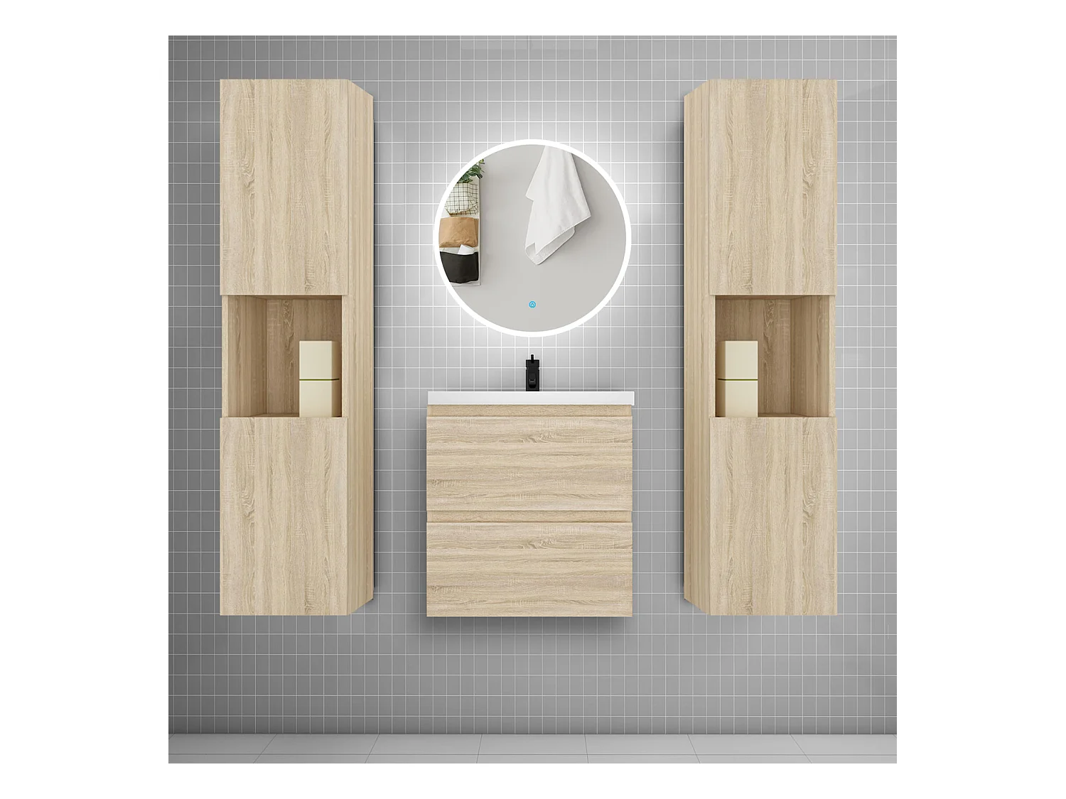 AICA Ensemble meuble de salle de bain Vasque L.50cm 2 tiroirs + lavabo + LED Miroir Rond 60cm + 2*Colonne, Anthracite