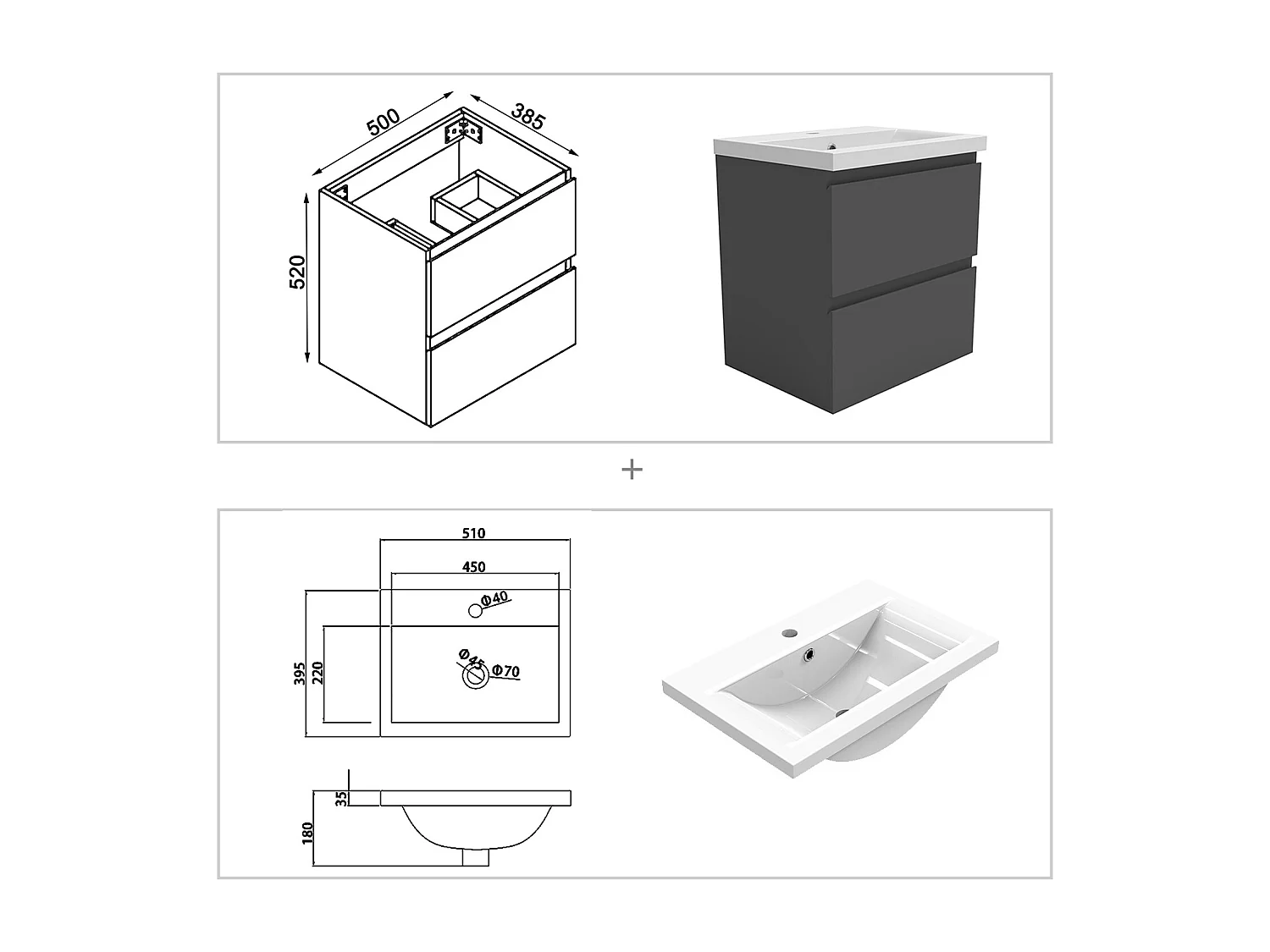Ensemble meuble vasque L.50cm 2 tiroirs + lavabo + LED miroir rond 60cm + 2*colonne,anthracite