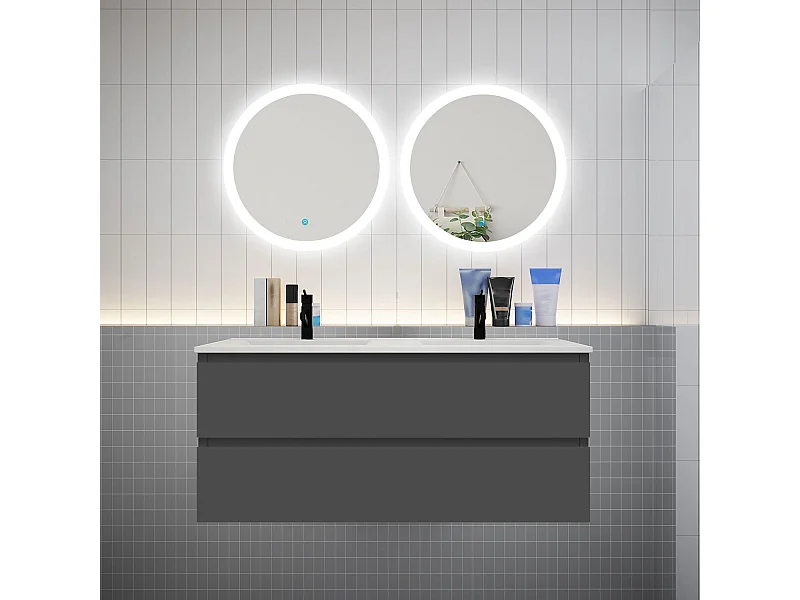 AICA Ensemble meuble de salle de bain double Vasque 120cm avec 4 tiroirs + lavabo + 2*LED Miroirs Rond 60cm, Anthracite