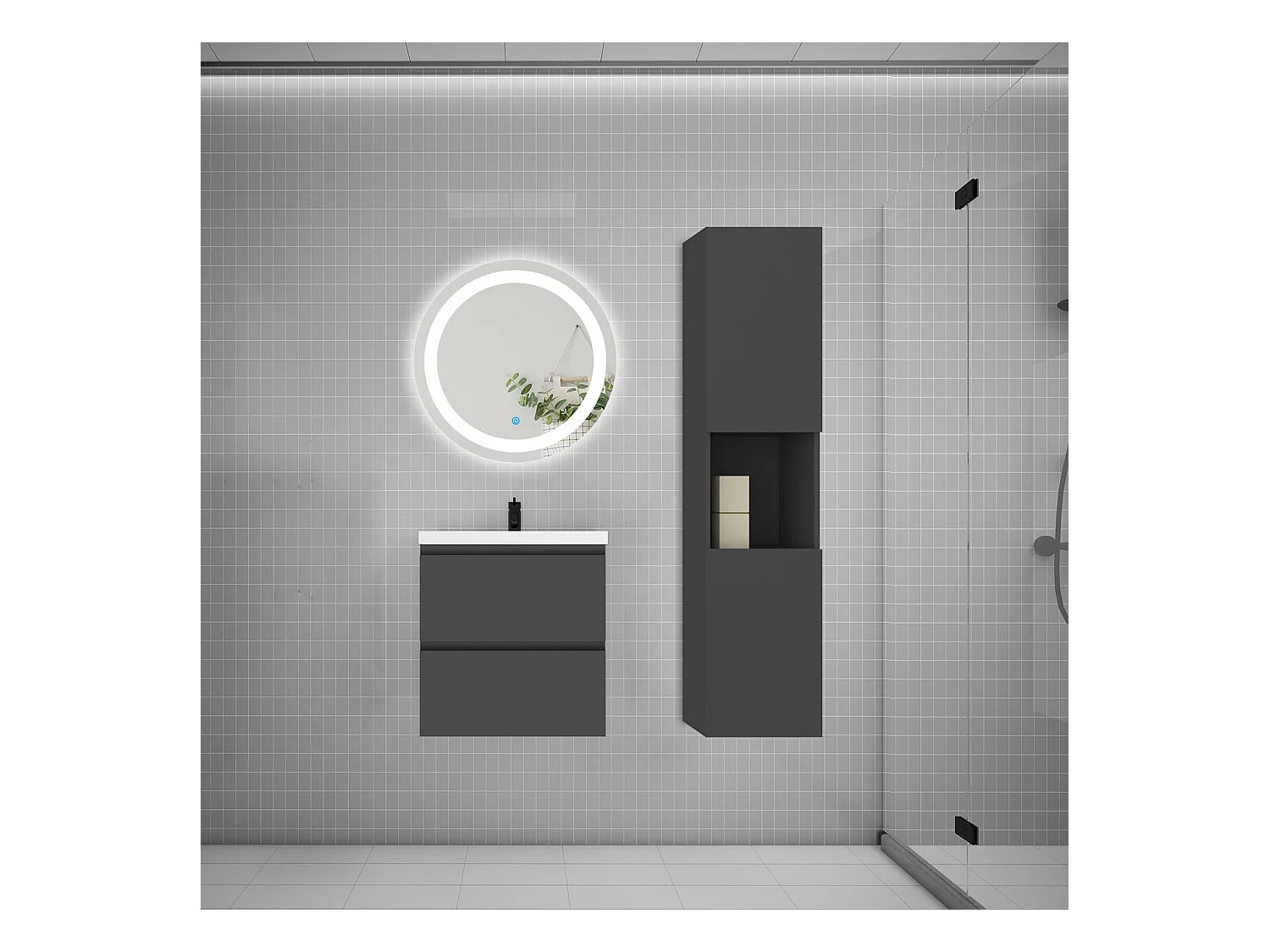 AICA Ensemble meuble de salle de bain Vasque 50cm + 2 tiroirs + lavabo + LED Miroir Rond 60cm + Colonne, Chêne
