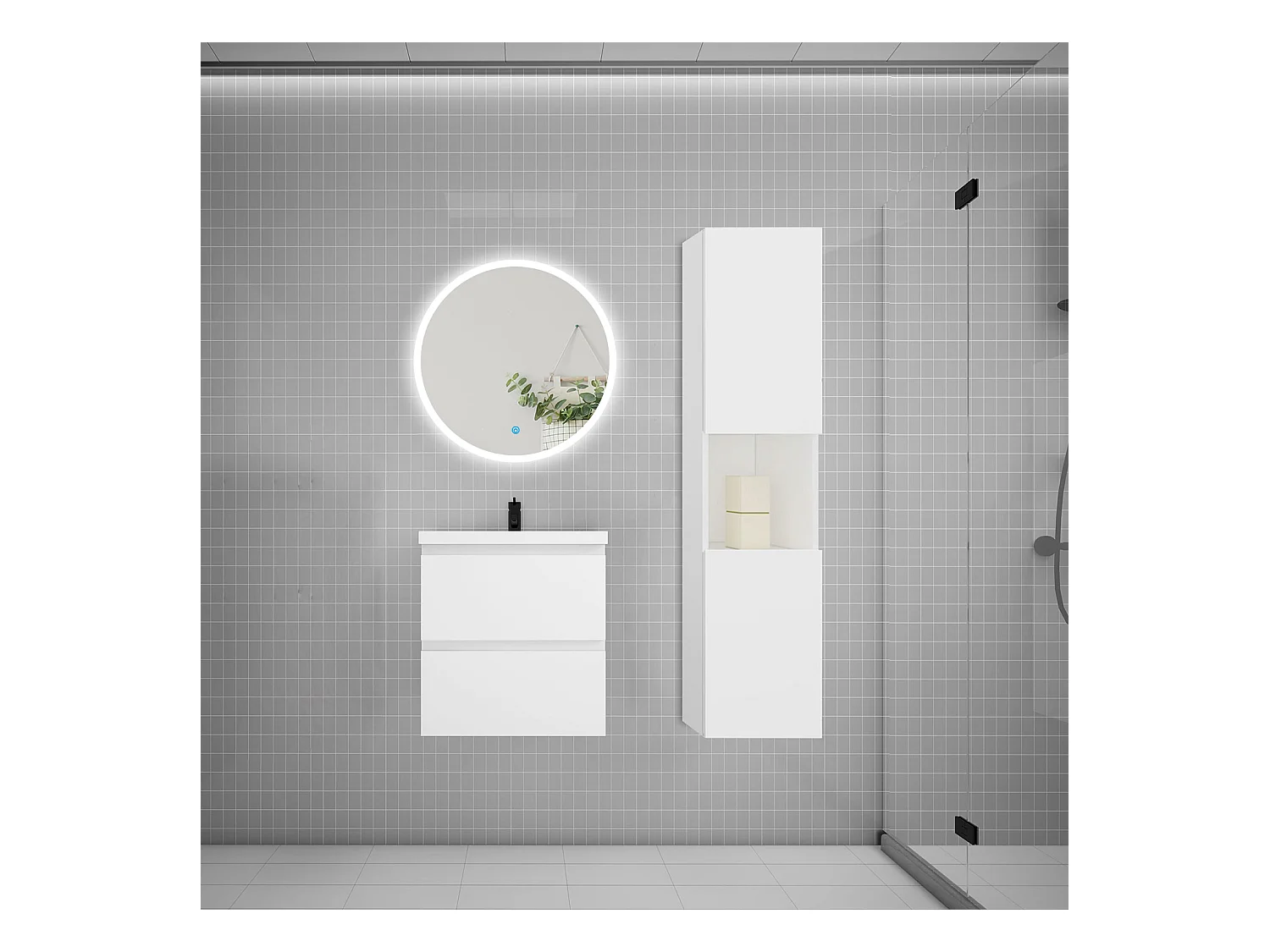 AICA Ensemble meuble de salle de bain Vasque 50cm avec 2 tiroirs + lavabo + LED Miroir Rond 60cm + Colonne,Chêne