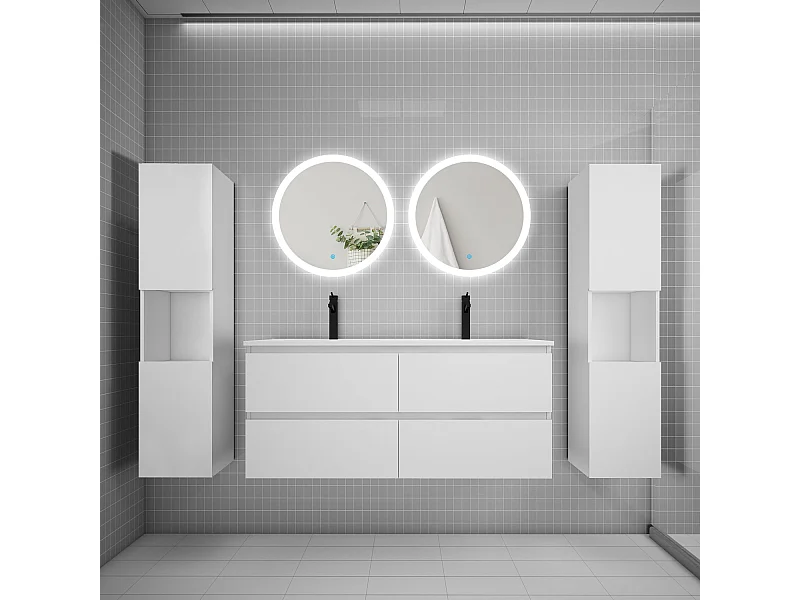 AICA Ensemble meuble de salle de bain double Vasque 120cm avec 4 tiroirs + lavabo + 2*LED Miroirs Rond 60cm + 2*Colonne,Blanc