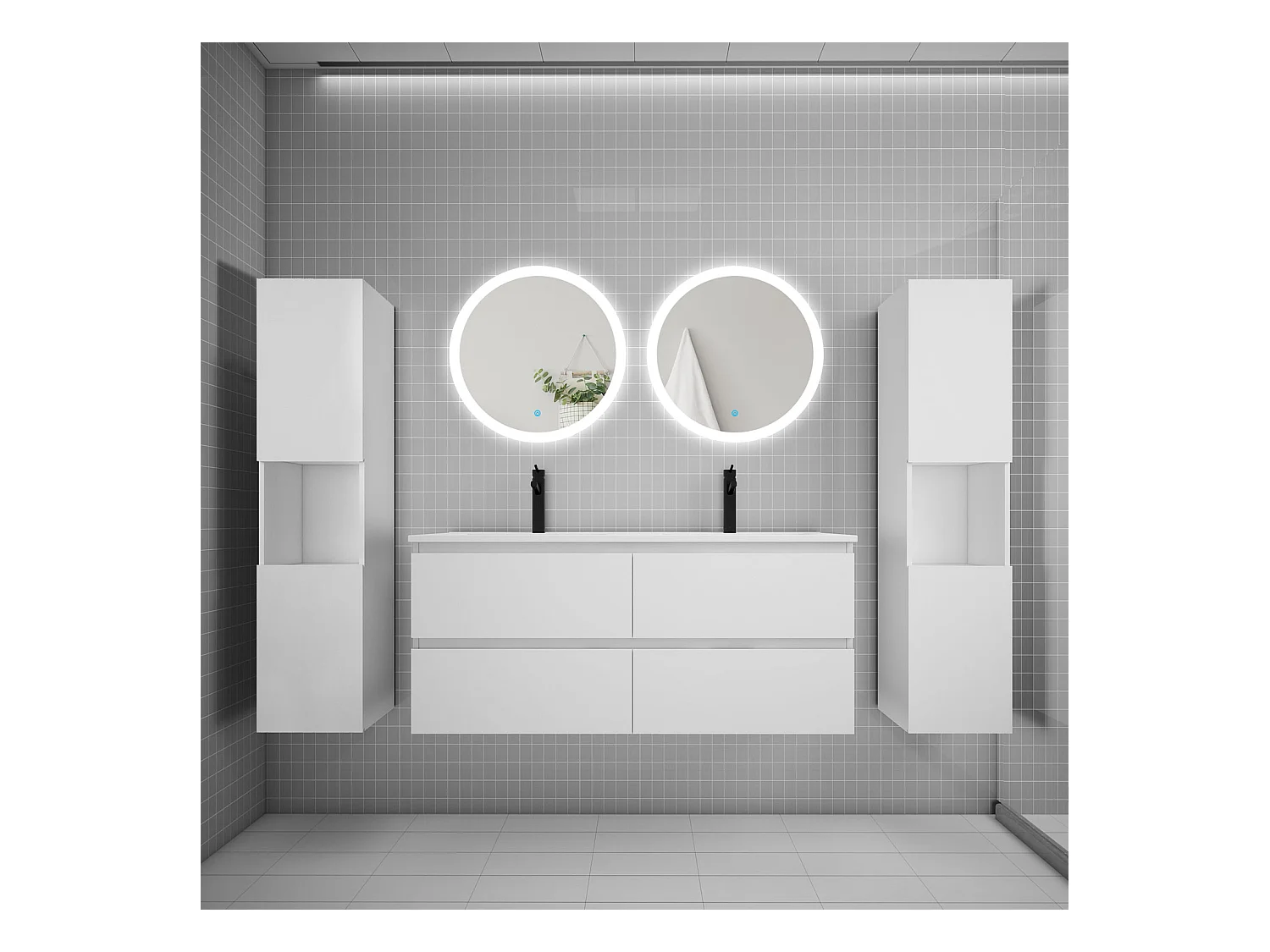 AICA Ensemble meuble de salle de bain double Vasque 120cm avec 4 tiroirs + lavabo + 2*LED Miroirs Rond 60cm + 2*Colonne,Blanc