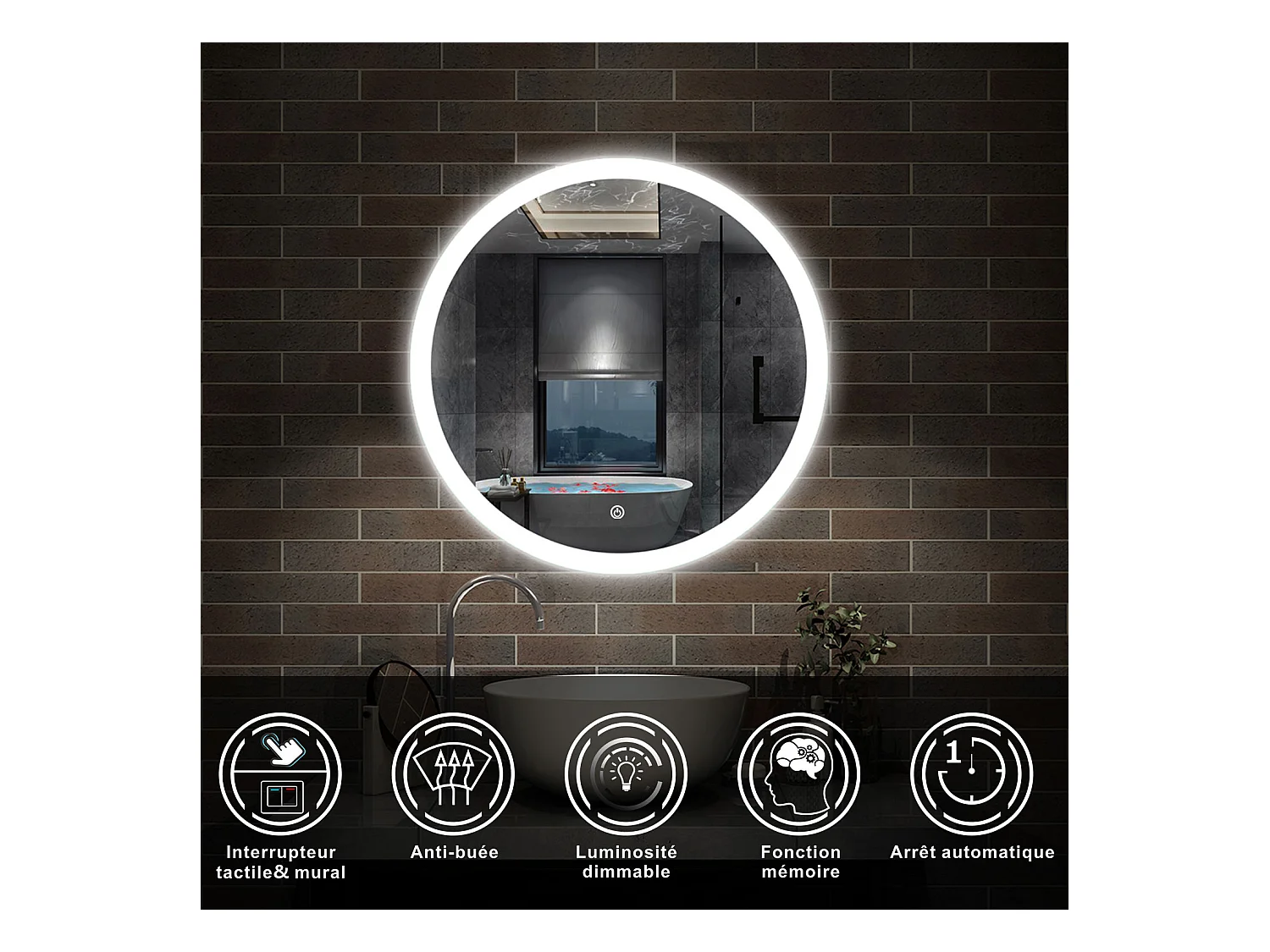 AICA Ensemble meuble de salle de bain double Vasque 120cm avec 4 tiroirs + lavabo + 2*LED Miroirs Rond 60cm + 2*Colonne,Blanc