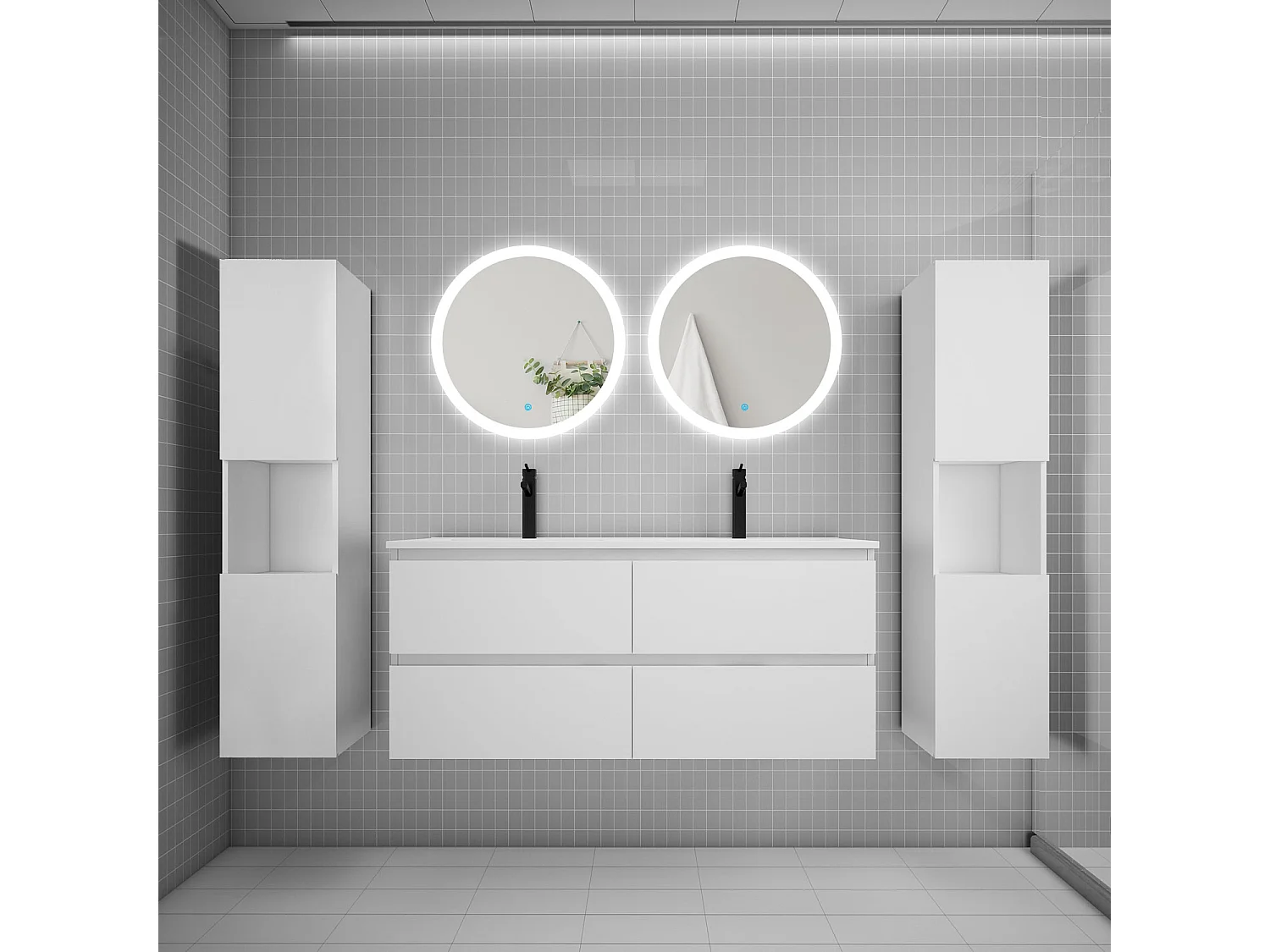 AICA Ensemble meuble double vasque L.120cm 4 tiroirs + lavabo + 2*LED miroirs rond 60cm + 2*colonne,blanc A