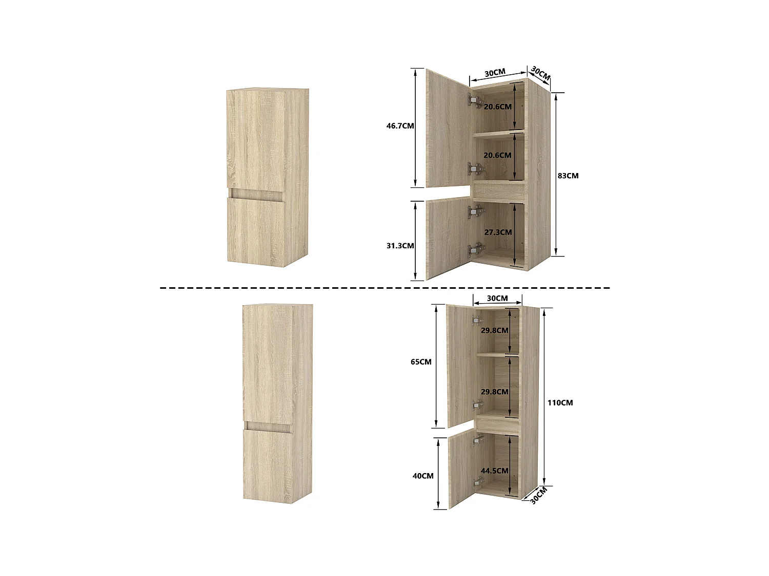 AICA Ensemble meuble de salle de bain Vasque 50cm avec 2 tiroirs + lavabo + LED Miroir Rond 60cm + 2*Colonne, Blanc