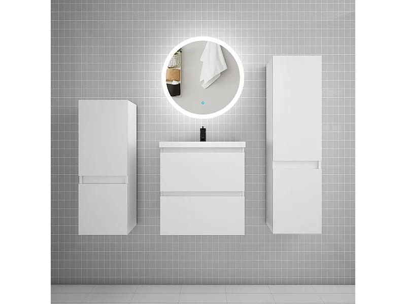 Ensemble meuble vasque L.50cm 2 tiroirs + lavabo + LED miroir 60cm + 2*colonne,blanc