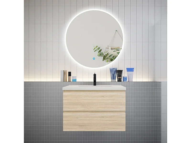 AICA Ensemble meuble de salle de bain Vasque L.79cm 2 tiroirs + lavabo + LED Miroir Rond 90cm, Chêne