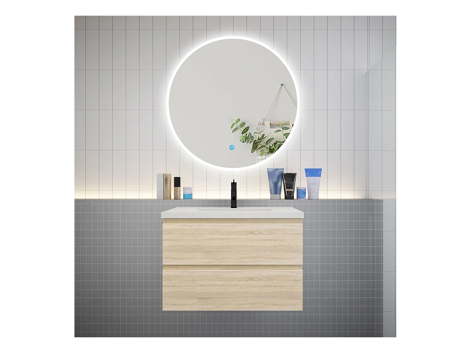 AICA Ensemble meuble de salle de bain Vasque L.79cm 2 tiroirs + lavabo + LED Miroir Rond 90cm, Chêne