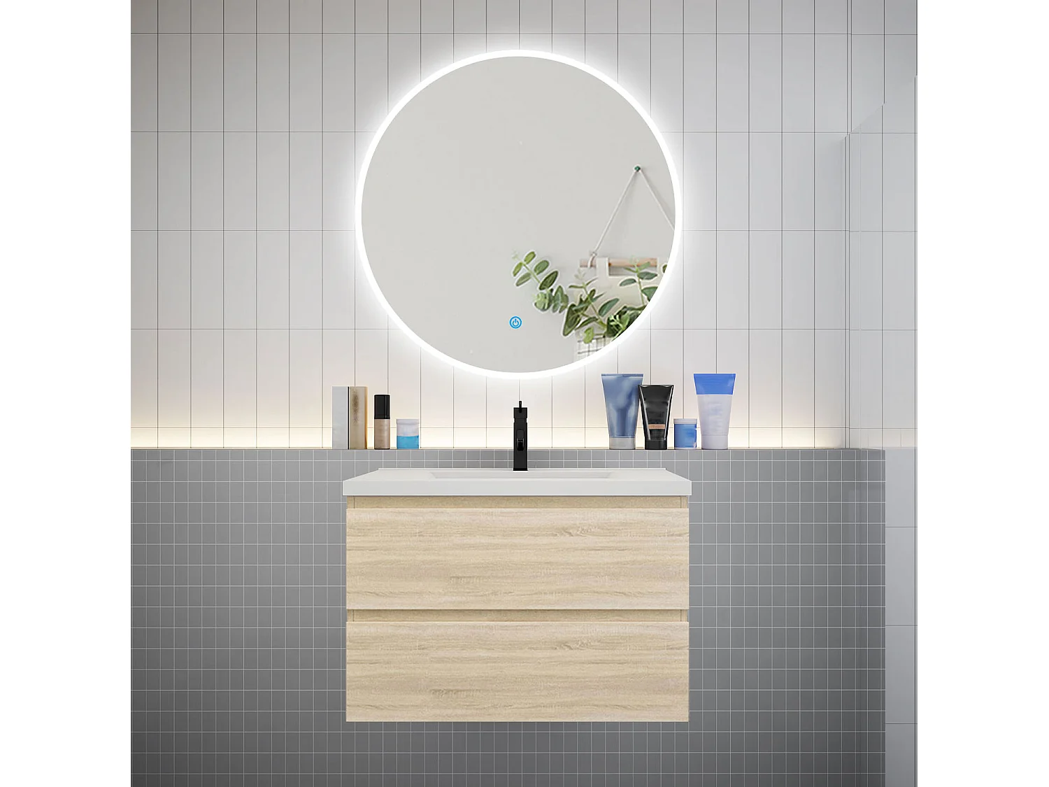 Ensemble meuble vasque L.79cm 2 tiroirs + lavabo + LED miroir rond 90cm,chêne，easy