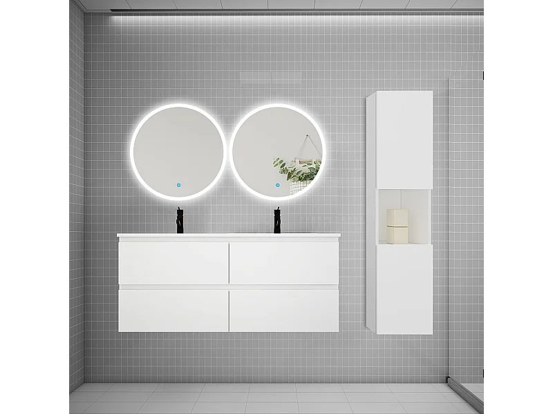 AICA Ensemble meuble double vasque L.120cm 4 tiroirs + lavabo + 2*LED miroirs rond 60cm + colonne A,blanc