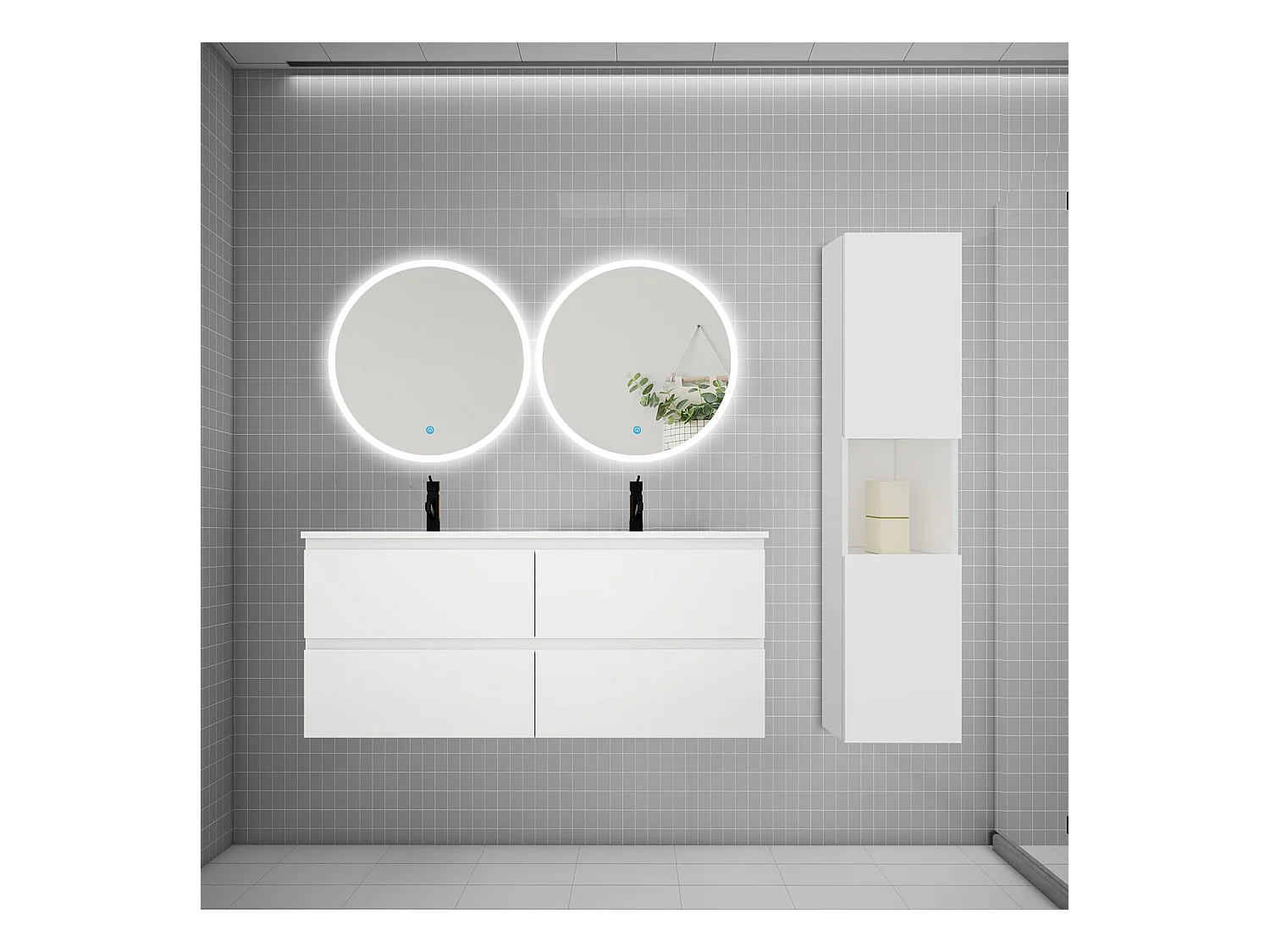 AICA Ensemble meuble de salle de bain double Vasque L.120cm 4 tiroirs + lavabo + 2*LED Miroirs Rond 60cm + Colonne,Blanc