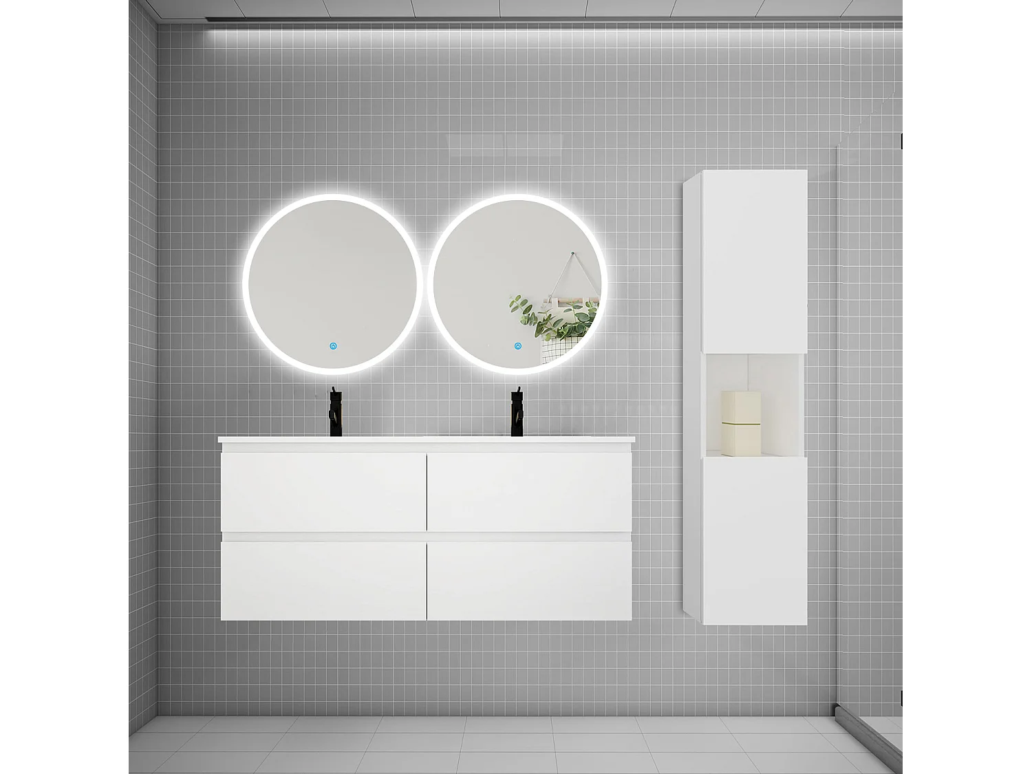 AICA Ensemble meuble double vasque L.120cm 4 tiroirs + lavabo + 2*LED miroirs rond 60cm + colonne A,blanc