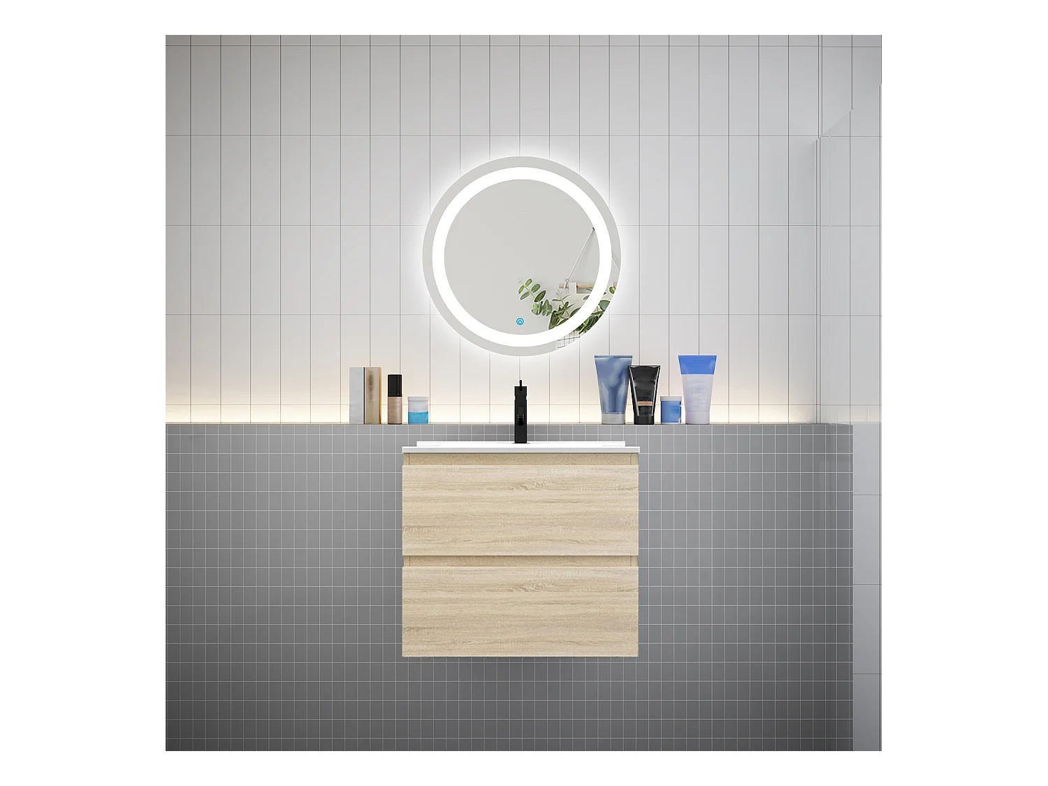AICA Ensemble meuble de salle de bain 60cm meuble Vasque 2 tiroirs + lavabo + LED Miroir Rond 60cm, Chêne