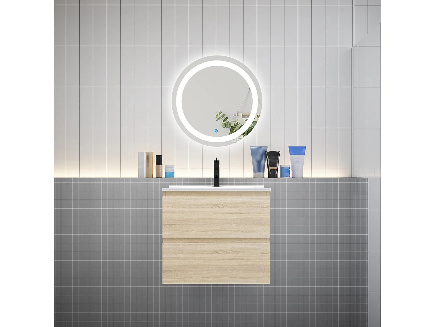 Ensemble L.60cm meuble vasque 2 tiroirs + lavabo + LED miroir rond 60cm,chêne