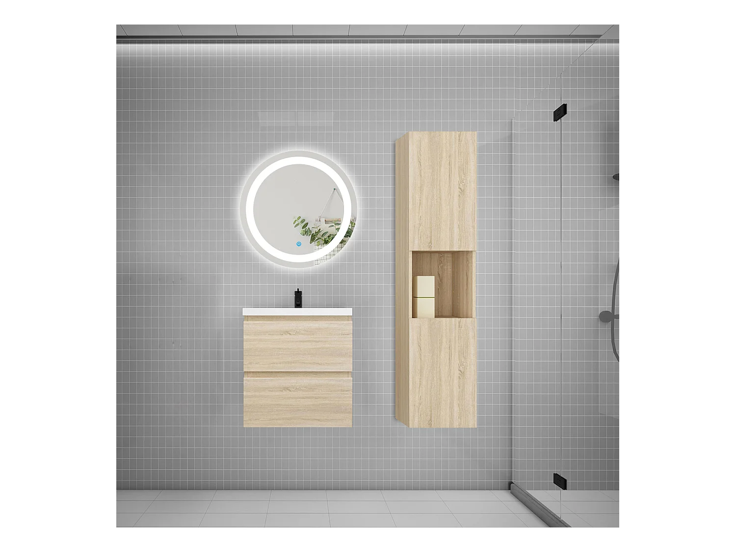 AICA Ensemble meuble de salle de bain Vasque 50cm + 2 tiroirs + lavabo + LED Miroir Rond 60cm + Colonne, Chêne