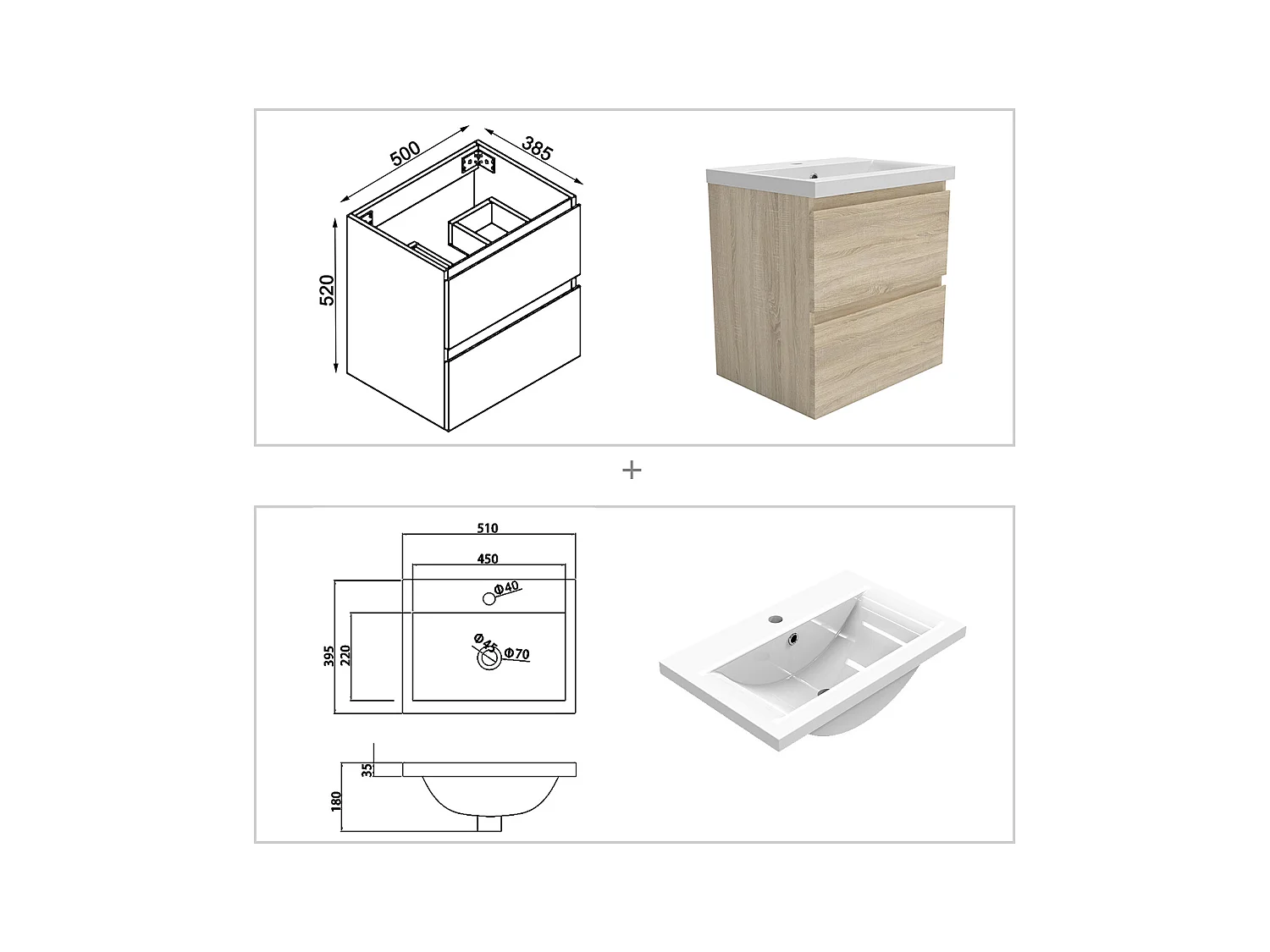 AICA Ensemble meuble de salle de bain Vasque 50cm + 2 tiroirs + lavabo + LED Miroir Rond 60cm + Colonne, Chêne
